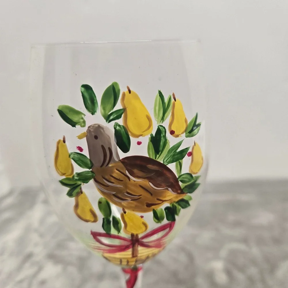 Hand Painted Christmas Wine Glass Partridge in a Pear Tree Holiday Stemware 9in